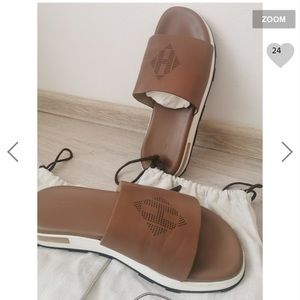 Hermès Ismir Veau slides brown leather 42